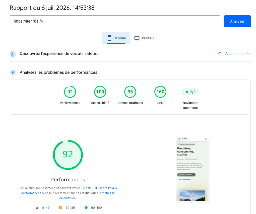 Performance SEO LT ENR - Score PageSpeed Mobile